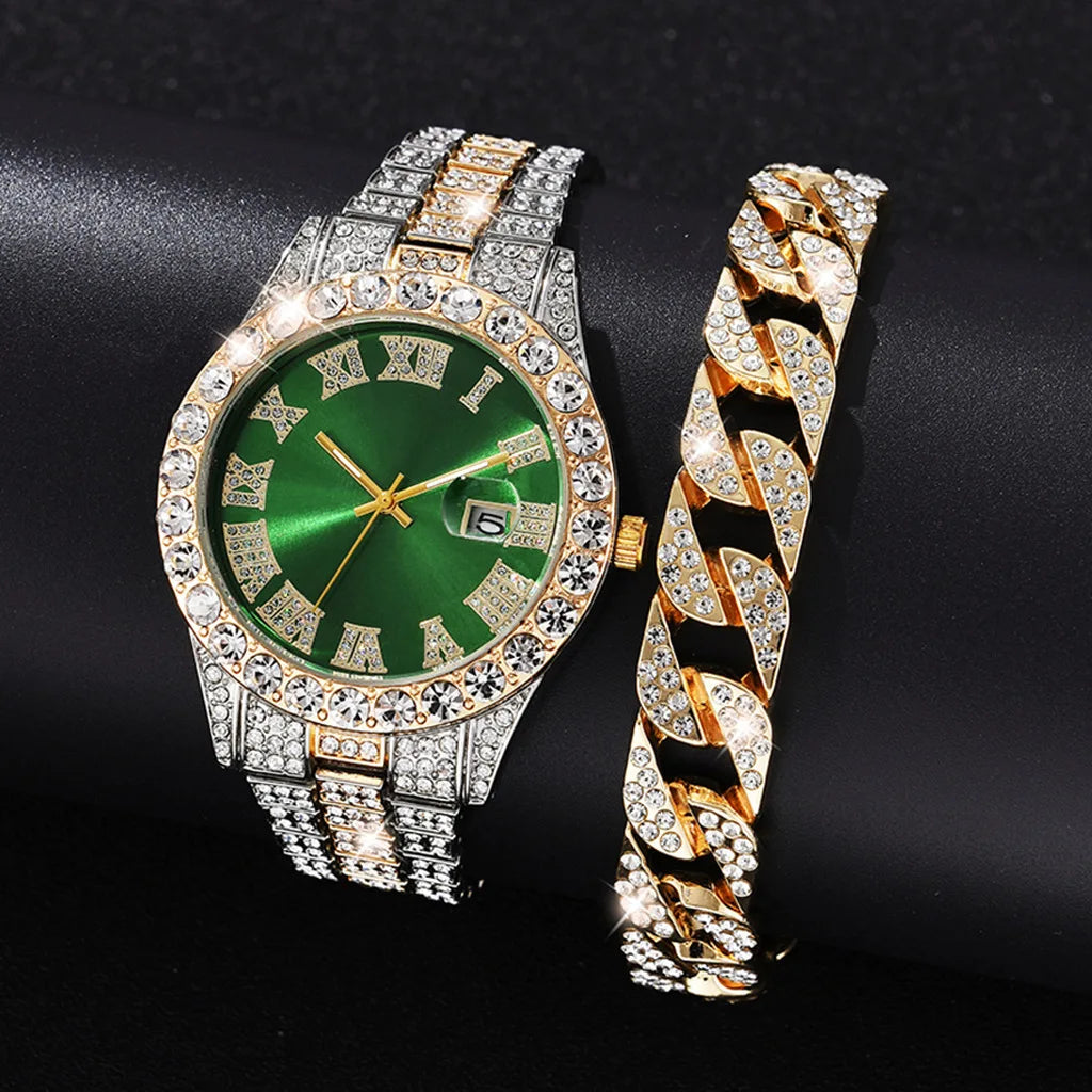 2PCs Fashion Luxury Full Diamond Steel Band Calendar Roman Scale Men's Steel Band Quartz Watch with Diamond Chain Bracelet Gift