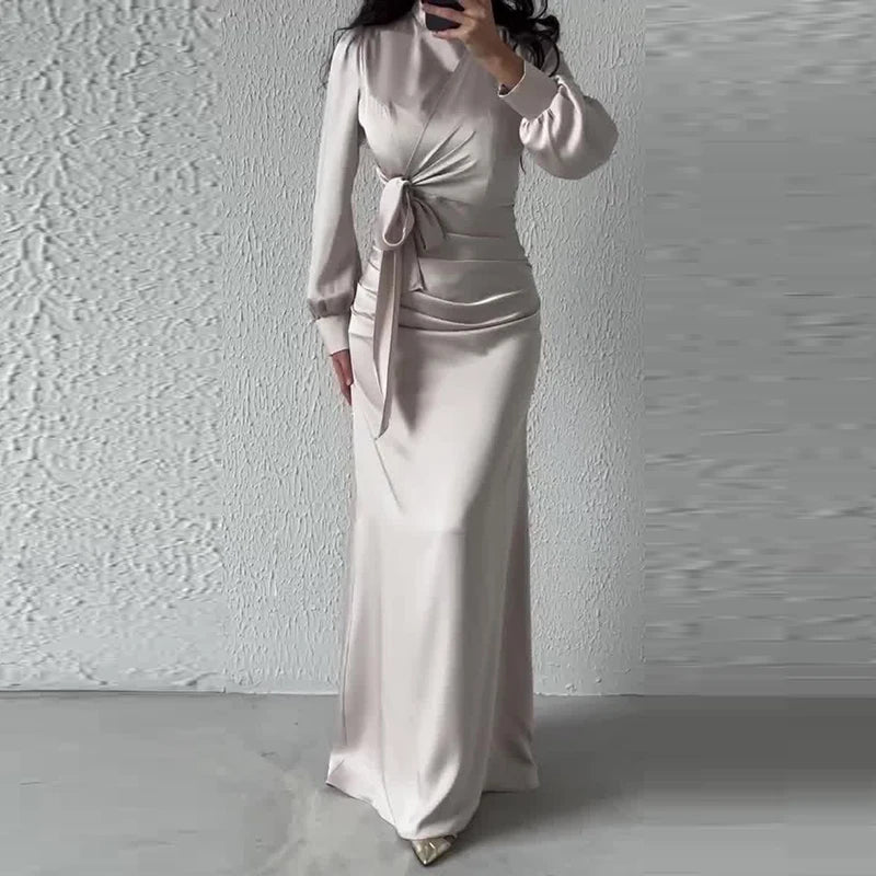 Casual Half High Neck Lace Up Slim Party Dress New 2024 Lady Temperament High Waist Long Dress Elegant Multi-color Banquet Dress