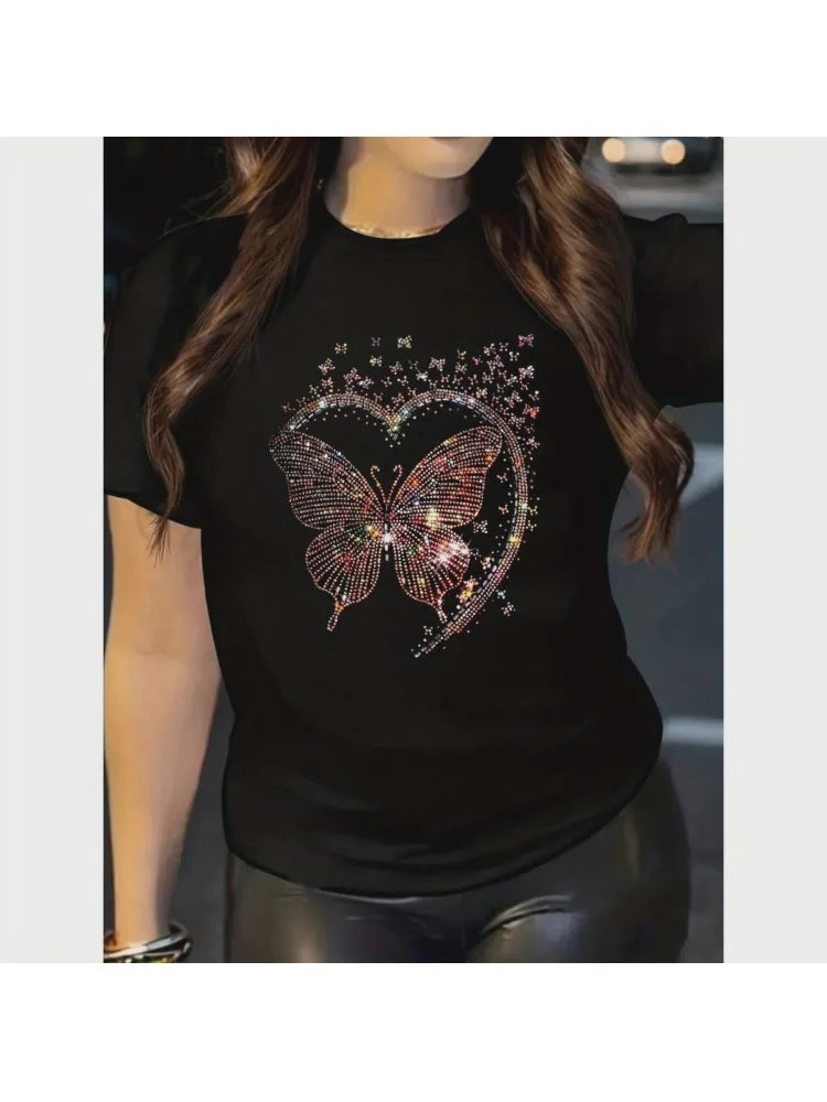 Chic Valentine's Day Butterfly Heart Print Casual T-Shirt for Women Clothing TopSoft Polyester, Crew Neck, Short Sleeve, Black