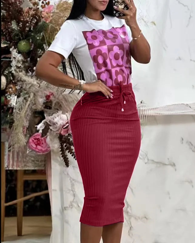 Casual Short Sleeve T-shirt Package Hip Skirt Set Spring Summer Fashion Print Tops Solid Skirt 2 Piece Set Women Outfit 2025 New