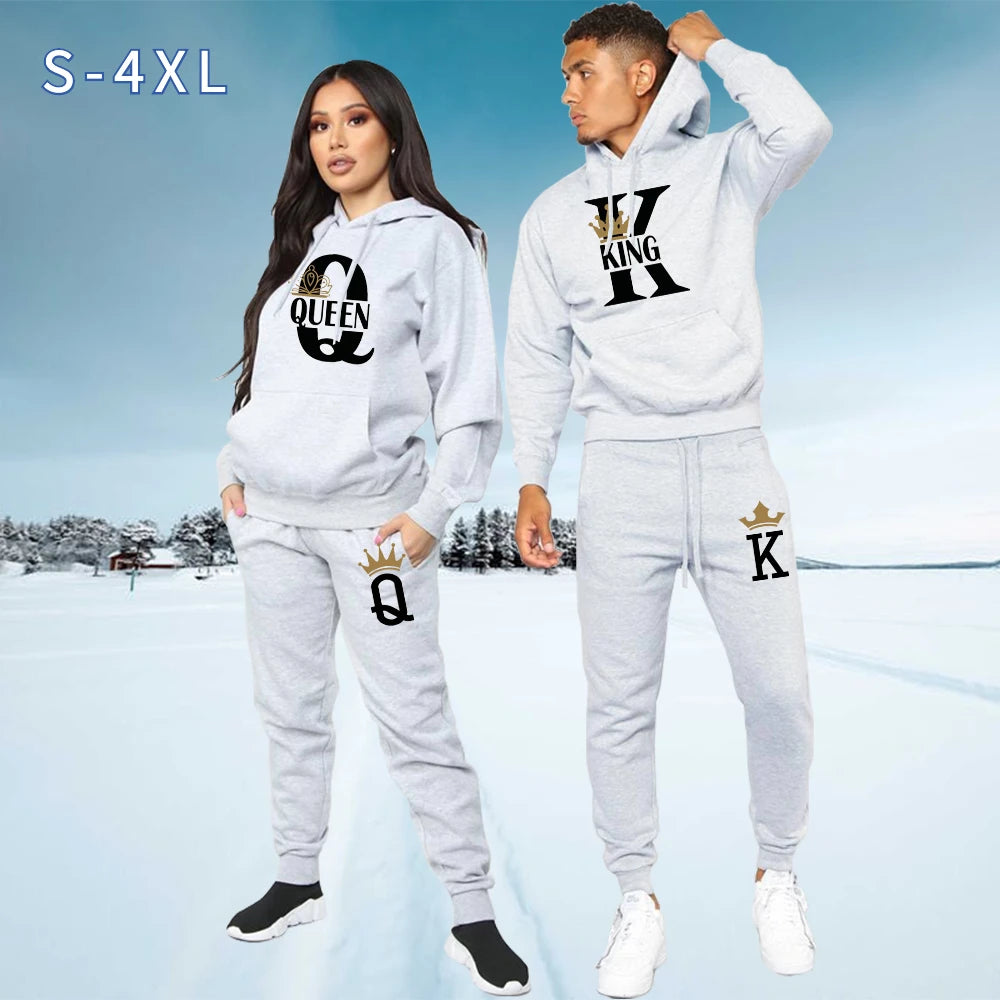 2022 KING QUEEN men set Fashion Lover Couple Sportwear Printed Hooded Clothes 2PCS Set Hoodie and Pants Plus Size Hoodies Women