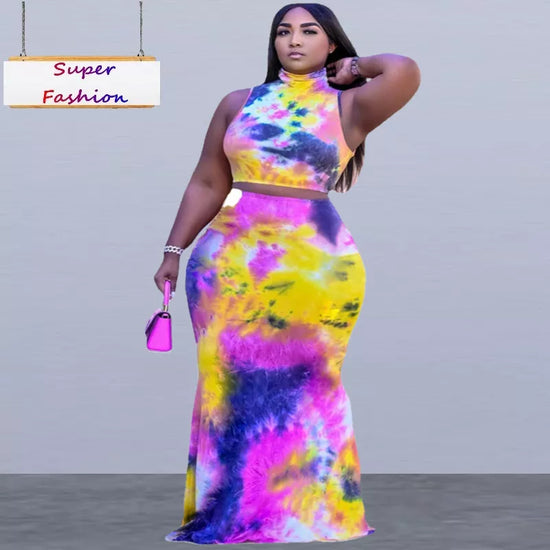 XL-5XL Plus Size Sets Women Clothing Summer 2022 Sexy Tie Dye Sleeveless Top And Long Skirt 2 Two piece set dress suit