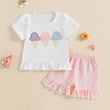 Toddler Baby Girl Summer Clothes Ice Cream Applique Embroidery Short Sleeve Round Neck Tops + Plaid Print Ruffled Shorts
