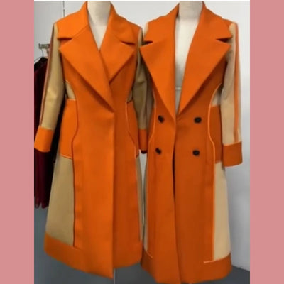 2023 autumn and winter new color contrast coat women's Lapel over the knee medium length Plush thickened fashion temperament wom