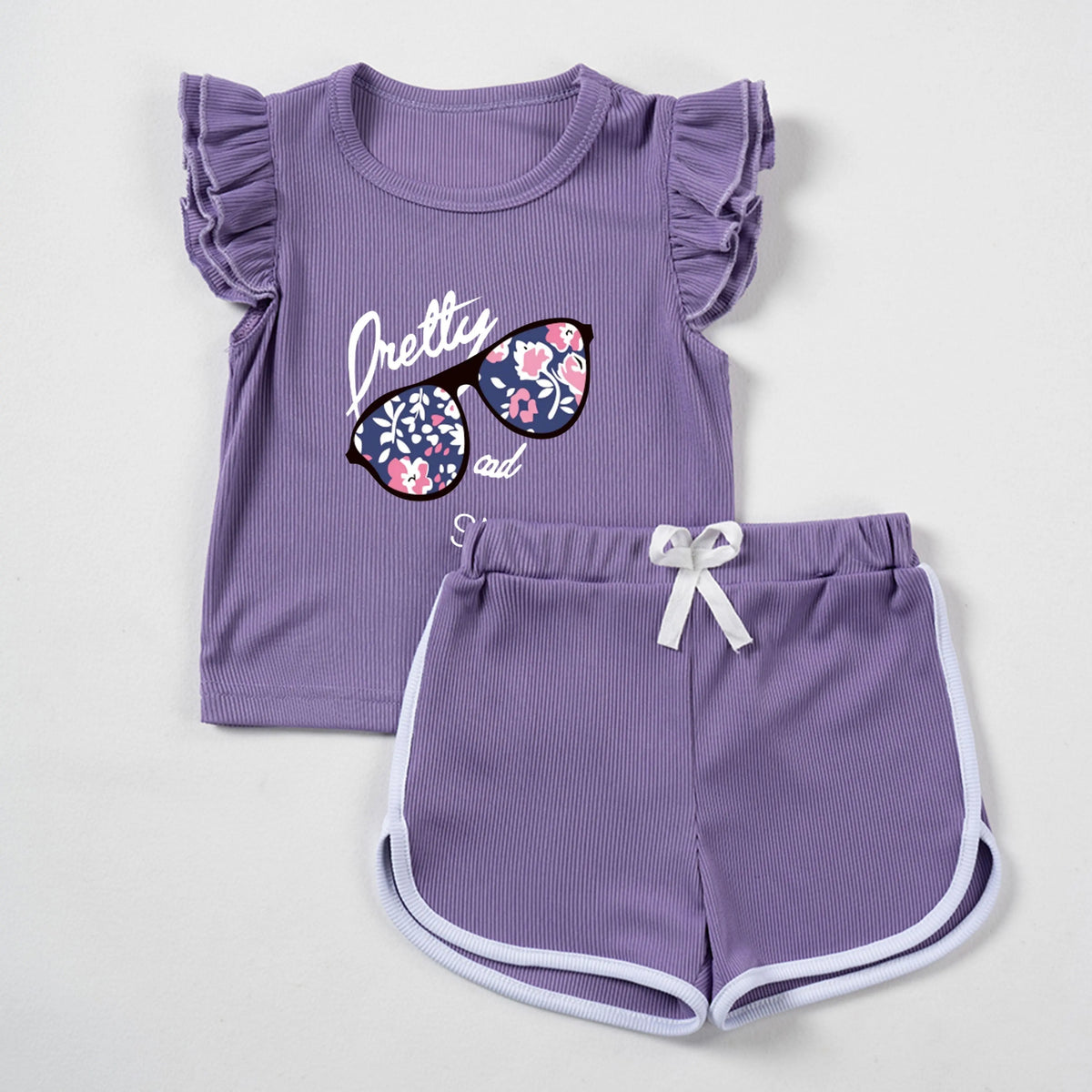 Baby Girl Solid Color Set Cartoon Glasses Printed Ruffle Edge Short Sleeves+Shorts Set Children's Shorts Daily Wear