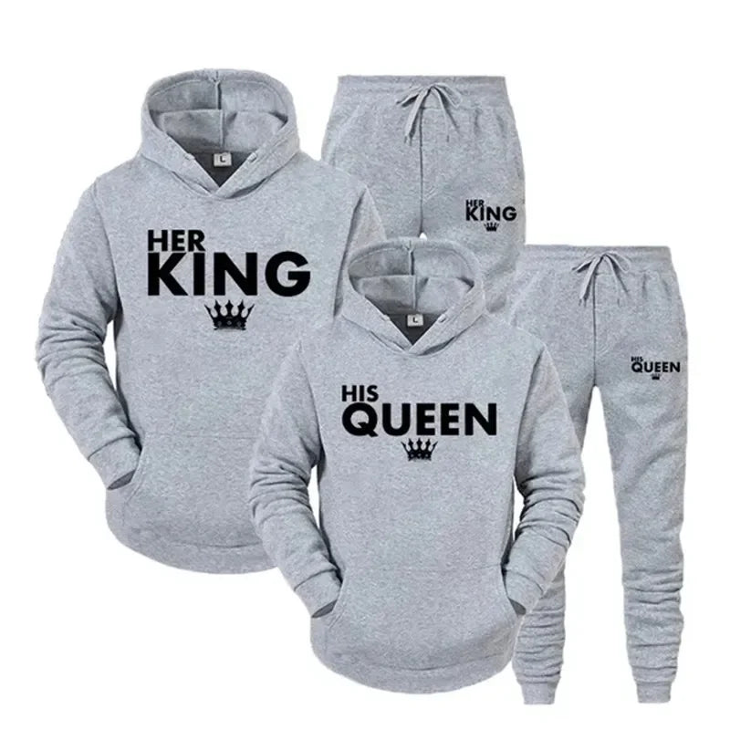 Lover Tracksuits Her QUEEN or His KING Printed Couple Hoodies Outfit Fashion Hooded Sweatshirt+Sweatpants Two Piece Set