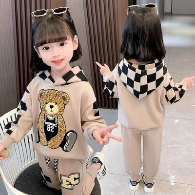 Baby Girls Cotton Hooded Plaid Lovely 3D Flocking Bear Sweatshirt+Drawstring Sweatpant Kid Tracksuit Child Jogger Outfit 1-10Yrs