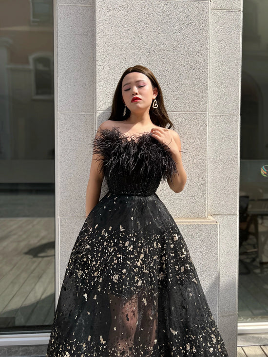 (SALE) Black Luxury Feathers Long Arabic Evening Gown Party Dresses Black Beading Dubai Formal Prom Engagemant Dress