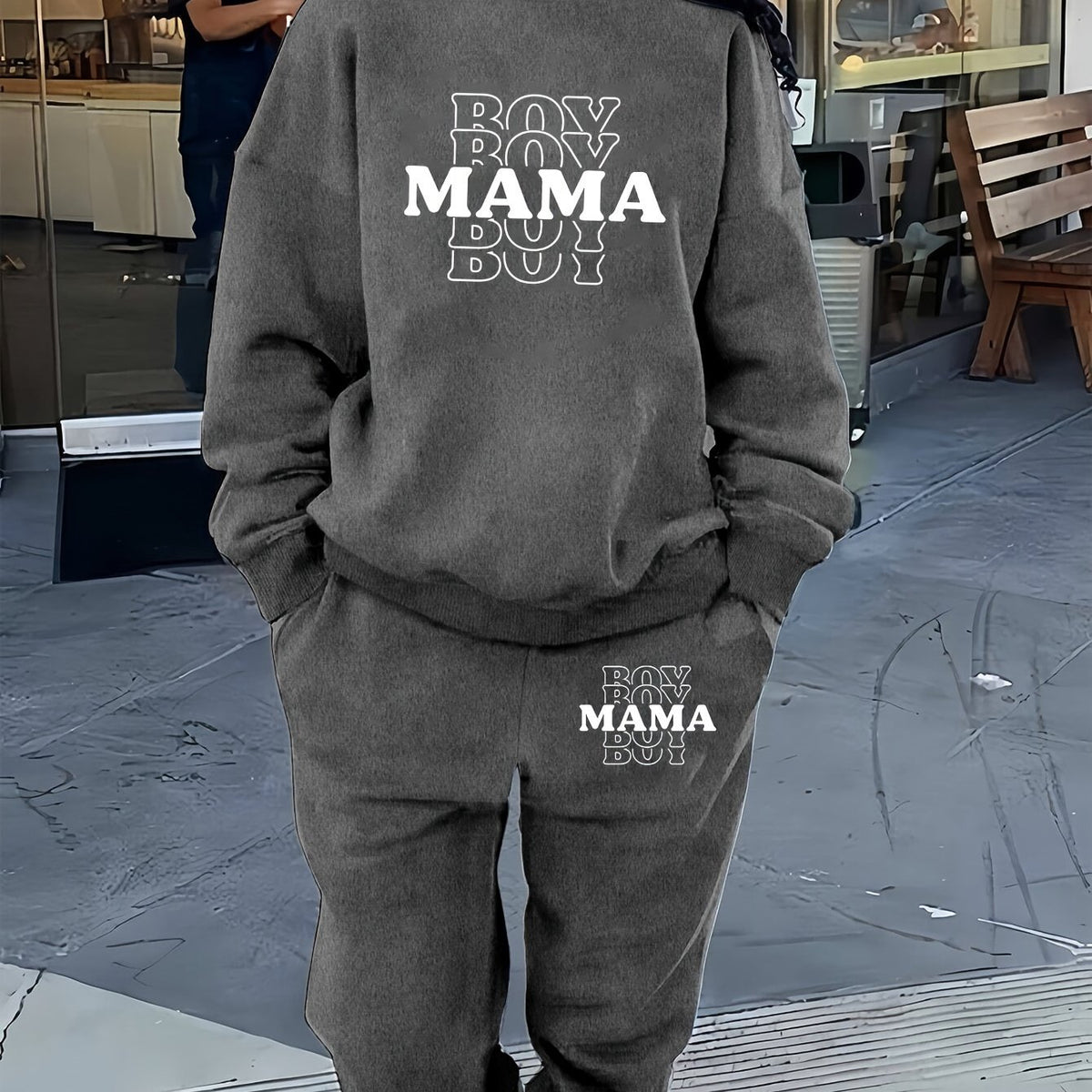 "Women's ""Boy Mama Boy"" Letter Print Two-Piece Set - Casual Crew Neck Sweatshirt & Pants, Polyester Knit with Pockets, Regular Fit, Long Sleeve - Autumn/Winter Fashion - For Women - Perfect for Casual Wear & Loungewear - Id