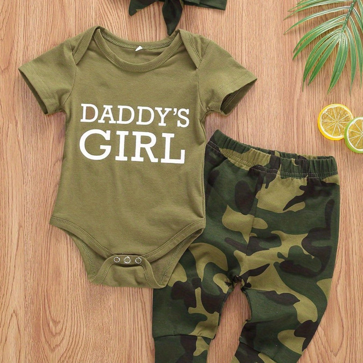 Baby Boys Girls 3pcs Set, Short Sleeve Romper Tops + Camouflage Long Pants + Hat/Headband Outfit, for Outdoor