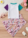 Girls Round Neck Short Sleeve Letter Print shirt Colorful Fish Scale Print Bell Bottom Pants Set