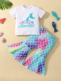 Girls Round Neck Short Sleeve Letter Print shirt Colorful Fish Scale Print Bell Bottom Pants Set