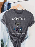 Women Casual Short Sleeve Humorous Cat & Dumbbell "Workout Because Murder Is Wrong" T-Shirt