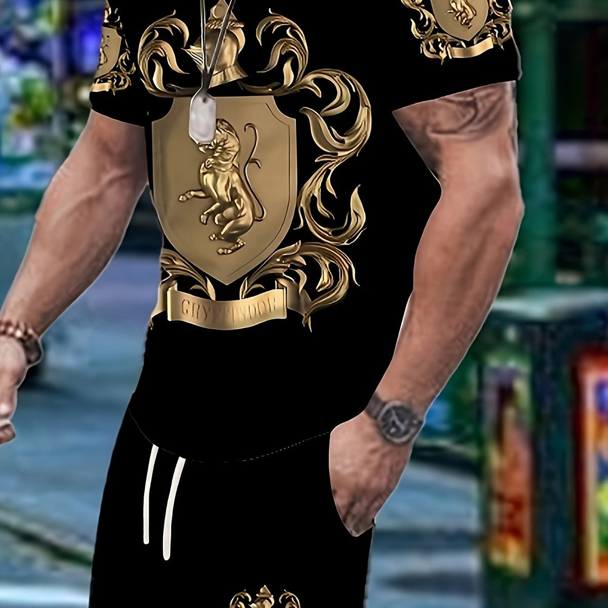 Men Casual Lash 3D Digital Printed Crew Neck T-Shirt & Drawstring Shorts Set