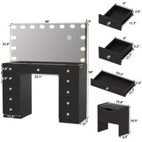 46" Makeup Vanity Desk with Power Outlet, 11 Storage Drawers & Soft Stool, 14-Bulbs Lighted Mirror, 3-Color Modes, Vanity Set for Bedroom
