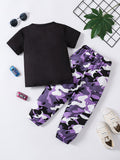 Girl Letter Car Pattern T-shirt + Camouflage Pattern with Flip Pocket Loose Work Pants  Set