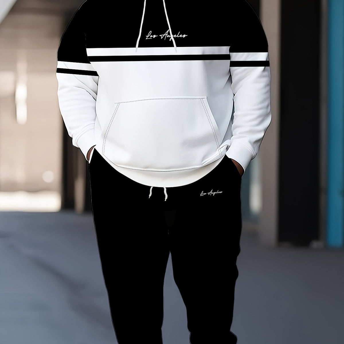 Men Plus Size Casual Paris Letter Hoodie and Jogger Set