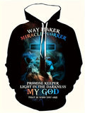 Men Plus Size Hoodie with Lion & Cross Graphic Way Maker Miracle Worker Print, Black Polyester Spandex Blend, Casual  Comfortable