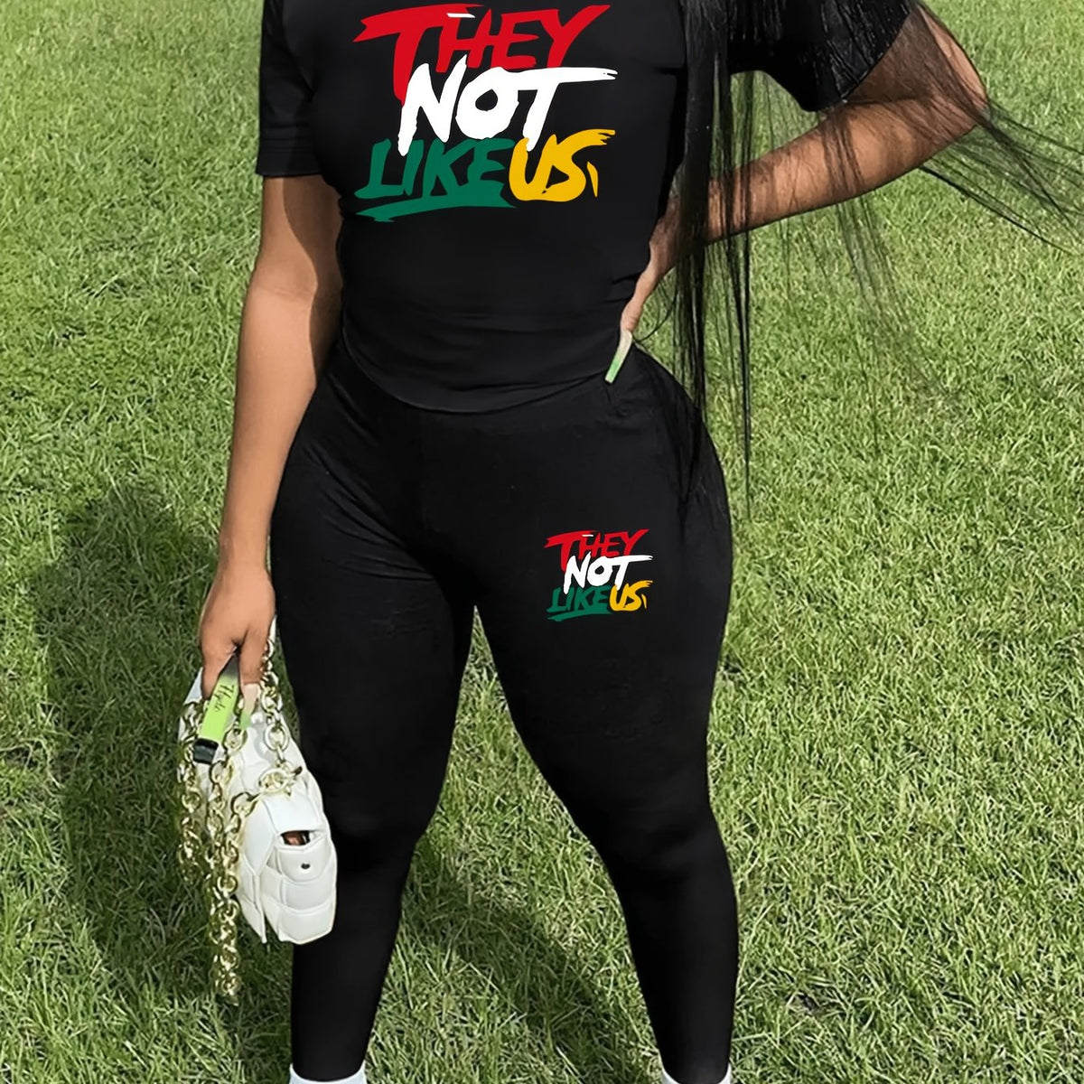 Women Letter Print Casual Crew Neck Short Sleeve Top & Pants Outfits Set