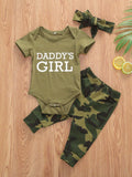 Baby Boys Girls 3pcs Set, Short Sleeve Romper Tops + Camouflage Long Pants + Hat/Headband Outfit, for Outdoor