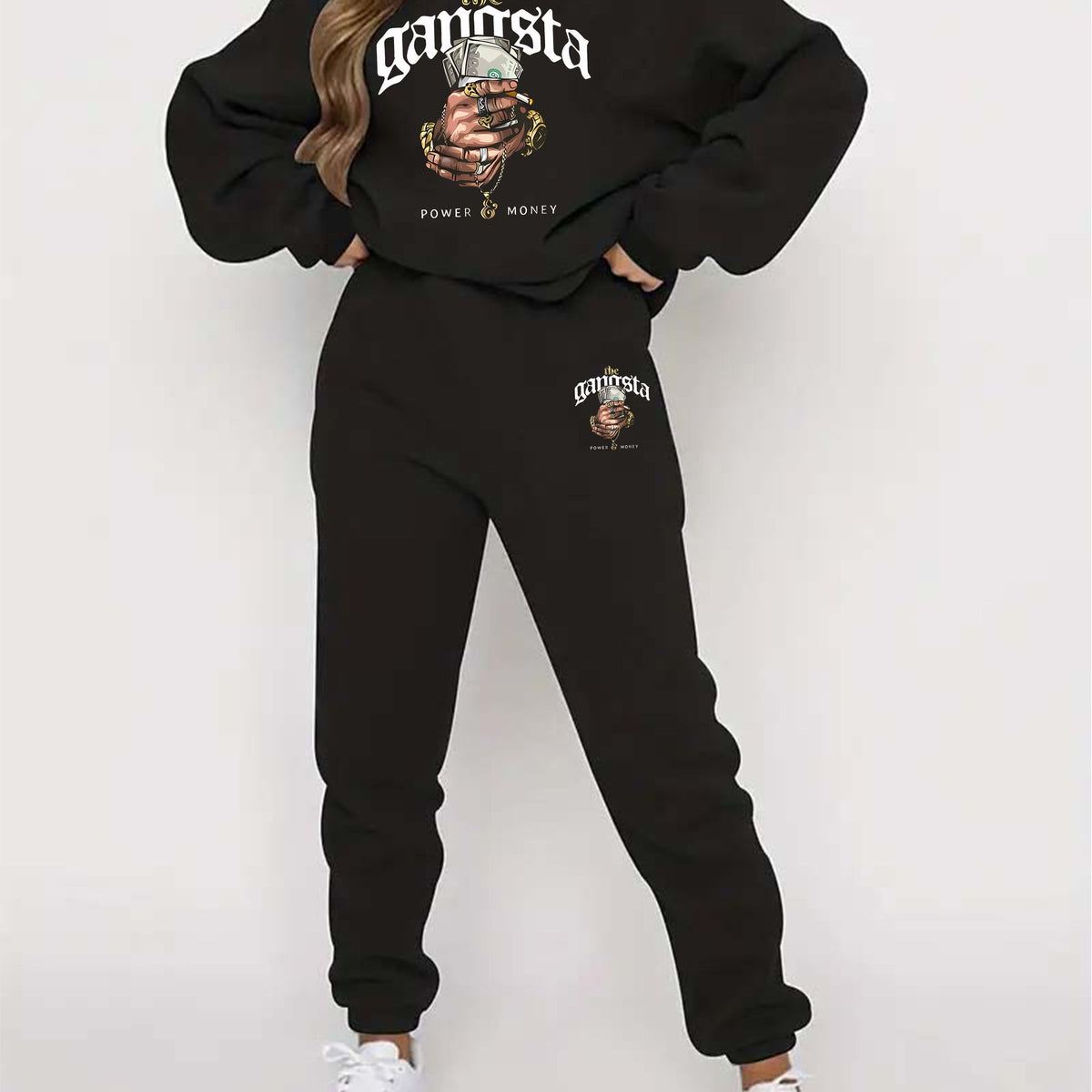 Women Two-piece warm fleece casual round neck, letter pattern long-sleeved shirt & pants