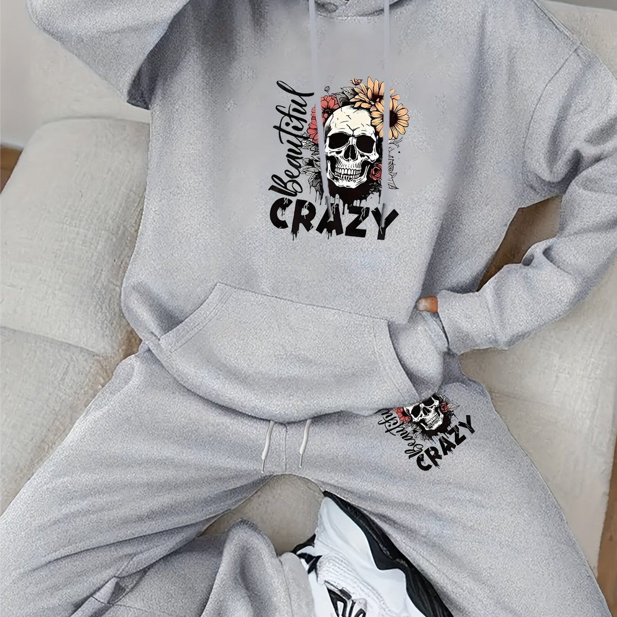 Crazy Skull Print Hoodie & Sweatpants Set