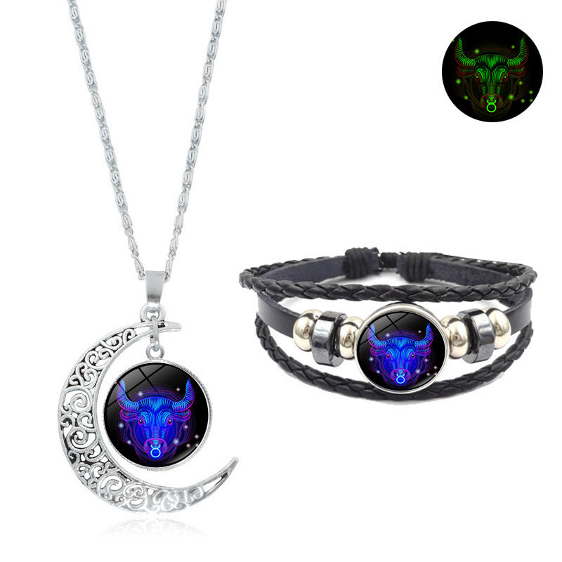 1pc Glow-in-the-Dark Zodiac Necklace Set Hollow Moon Pendant Leather Bracelet Jewelry Set
