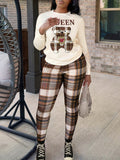 Women Casual Round Neck Long Sleeves Queen Letter Bear Print Sweatshirt Plaid Skinny Pants Set