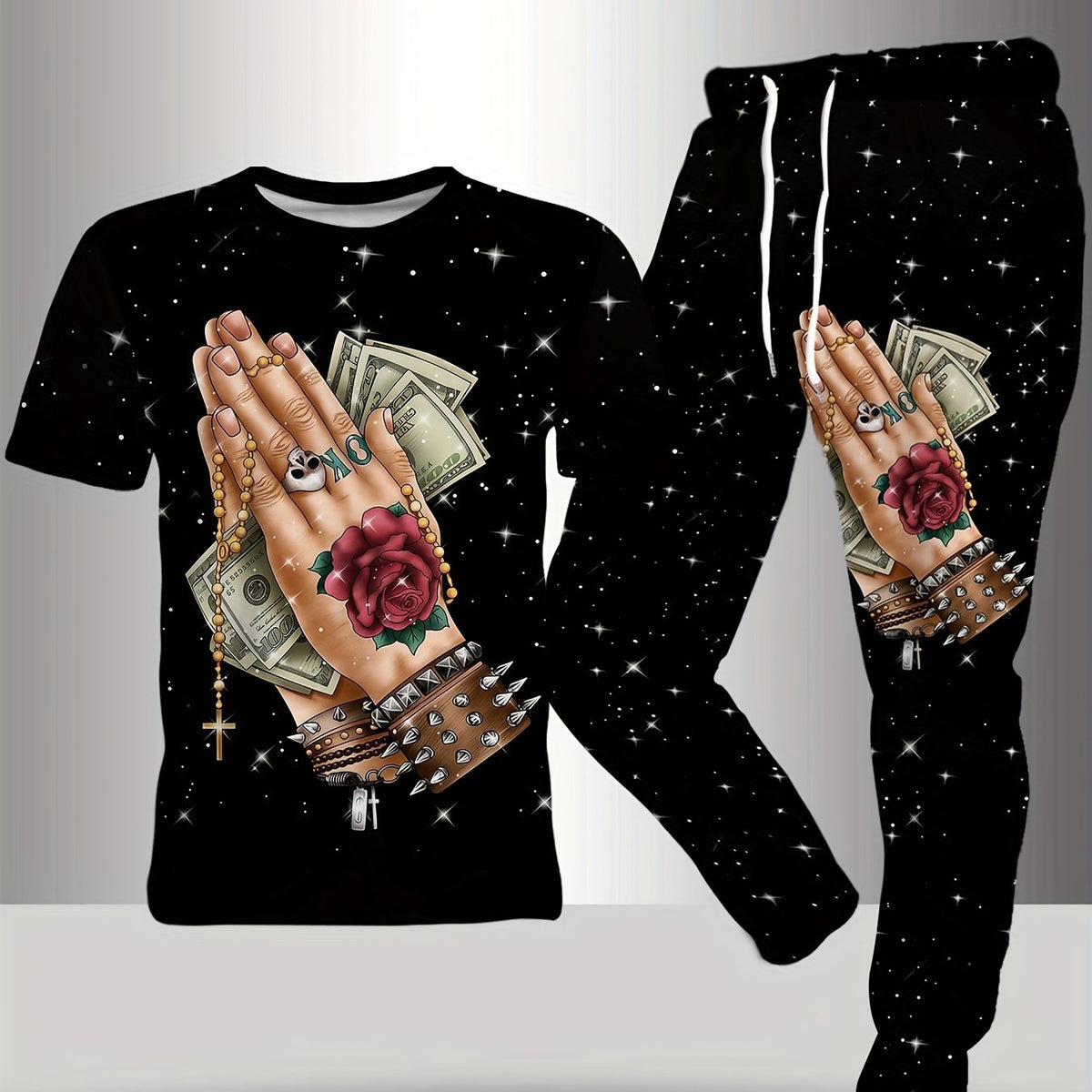 men and Women black starry sky full body printed pullover round neck short sleeved T-shirt+pants  couple set