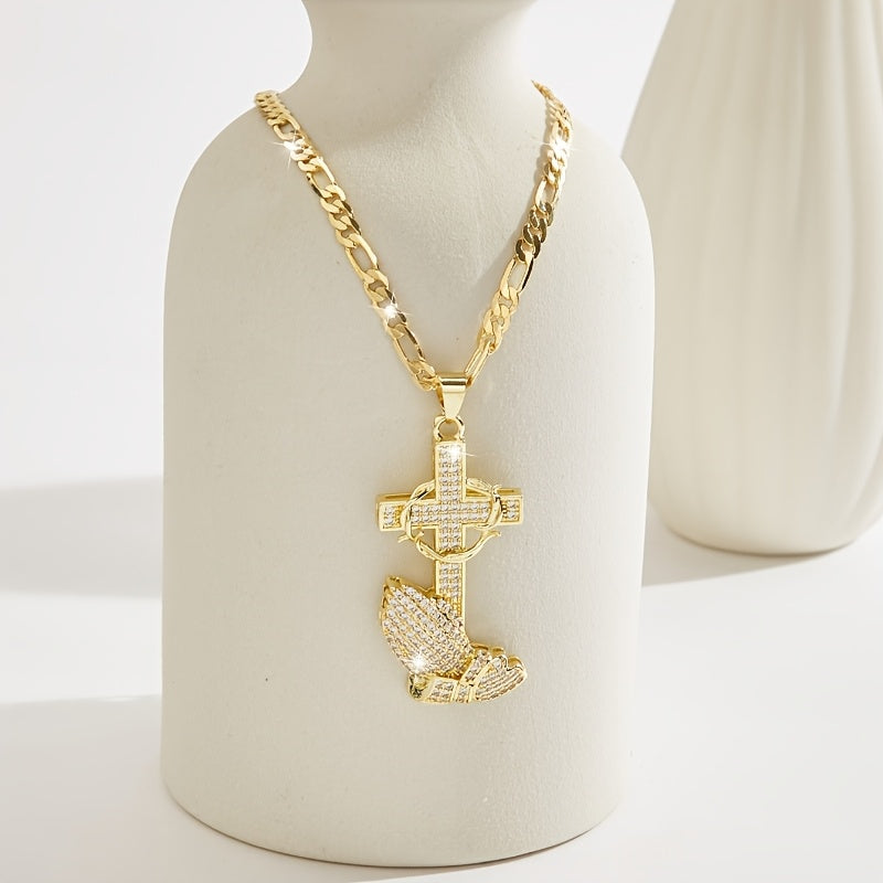 14K Gold Plated Pendant Necklace with Cross & Prayer Hand