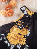 Baby's Elegant Flower Pattern 2pcs Summer Outfit, Halter Neck Sleeveless Top & Hat & Tiered Skirt Set, Toddler & Infant Girl's Clothes For Daily/Holiday/Party, Outdoor Cloth