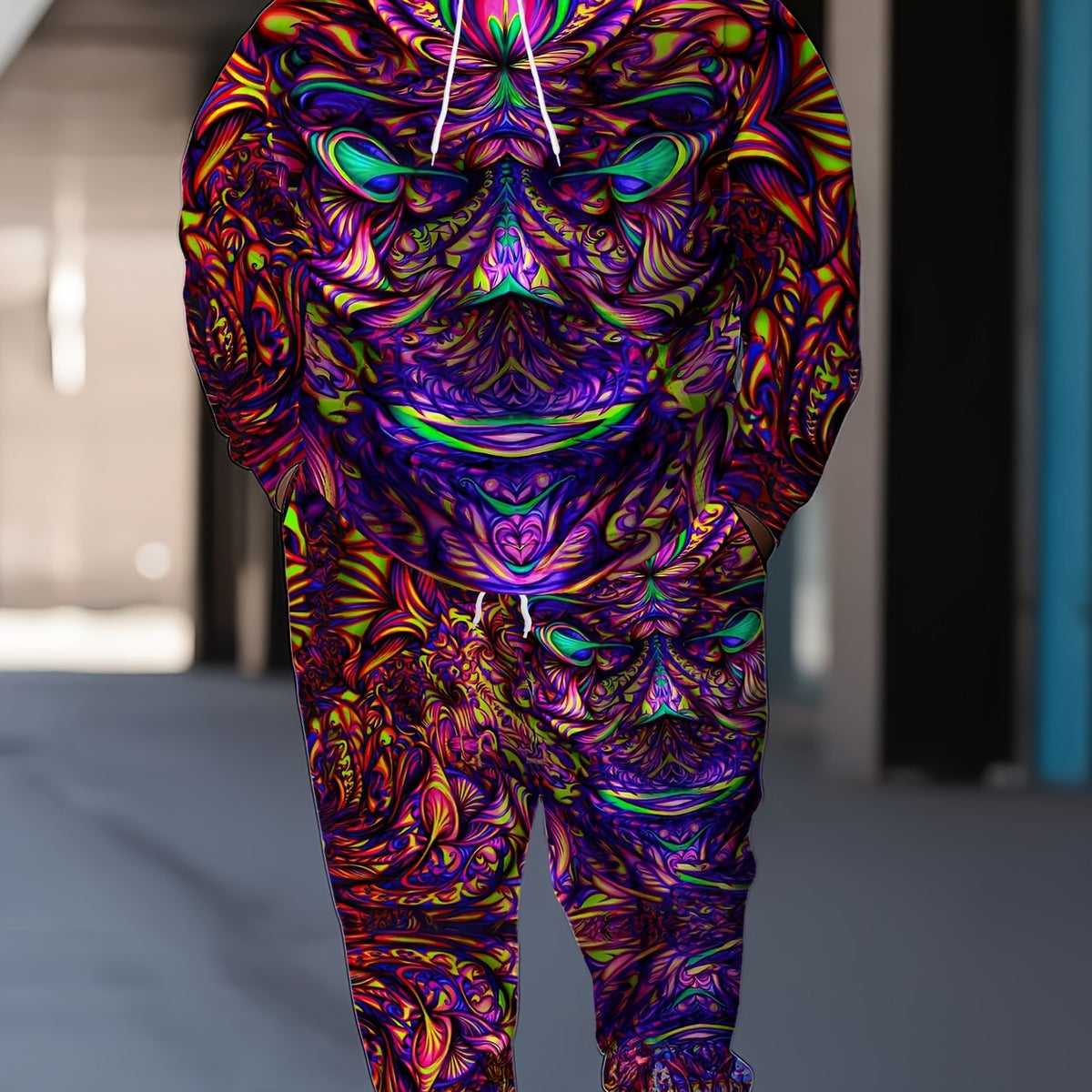 Men Plus Size Casual Trendy Pattern Hoodie Long Sleeve Pullover Joggers Set