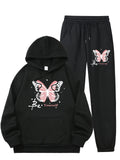 Women Casual Long Sleeve Hoodie with Pocket and Joggers, Butterfly Print Polyester Set