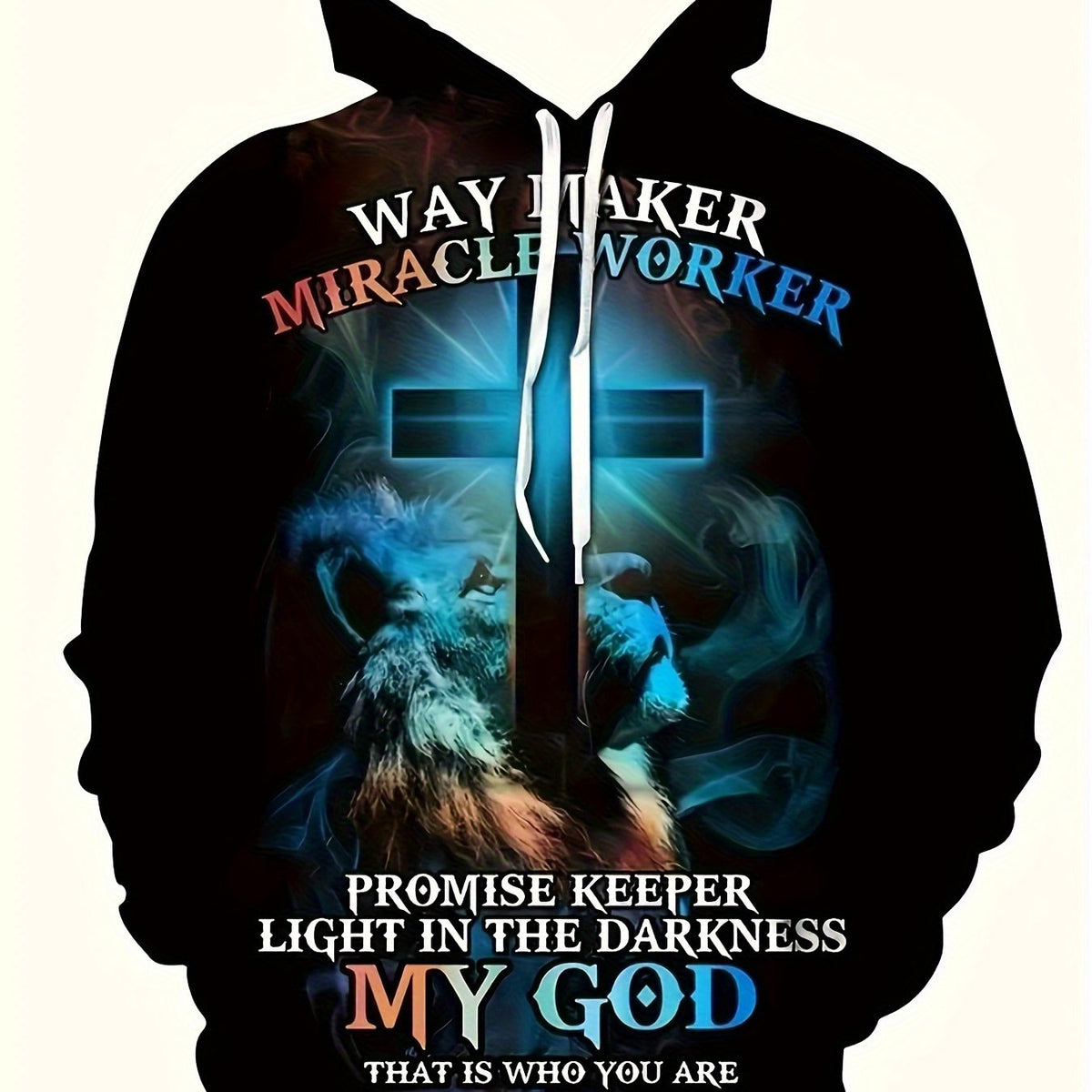 Men Plus Size Hoodie with Lion & Cross Graphic Way Maker Miracle Worker Print, Black Polyester Spandex Blend, Casual  Comfortable