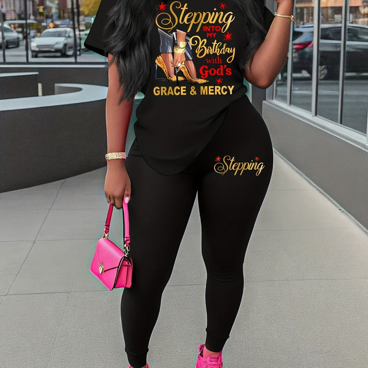 0301Gwen Women'S Casual Outfit Set, Birthday Print, Queen Print, Short-Sleeve Two-Piece, Round Neck Short-Sleeve T-Shirt Top, Printed Tight Leggings, Women'S Clothing.