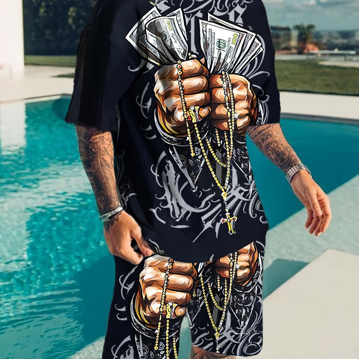 Men 2-piece Hip Hop Style Money Hand Pattern 3D Printed Short Sleeve Crew Neck T-shirt & Drawstring Shorts With Pockets