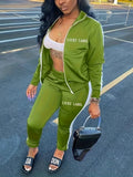 Women Casual  Green "Lucky" Embroidered Letter Print Zip-Up Long Sleeve Pantsuit