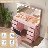 46" Makeup Vanity Desk with Power Outlet, 11 Storage Drawers & Soft Stool, 14-Bulbs Lighted Mirror, 3-Color Modes, Vanity Set for Bedroom