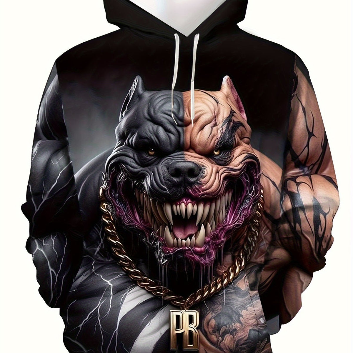 Men 3D Digital Printed Devil Pitbull Pattern Kangaroo Pocket Hoodie Long Length Casual Warm Hooded Sweatshirt.