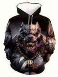 Men 3D Digital Printed Devil Pitbull Pattern Kangaroo Pocket Hoodie Long Length Casual Warm Hooded Sweatshirt.