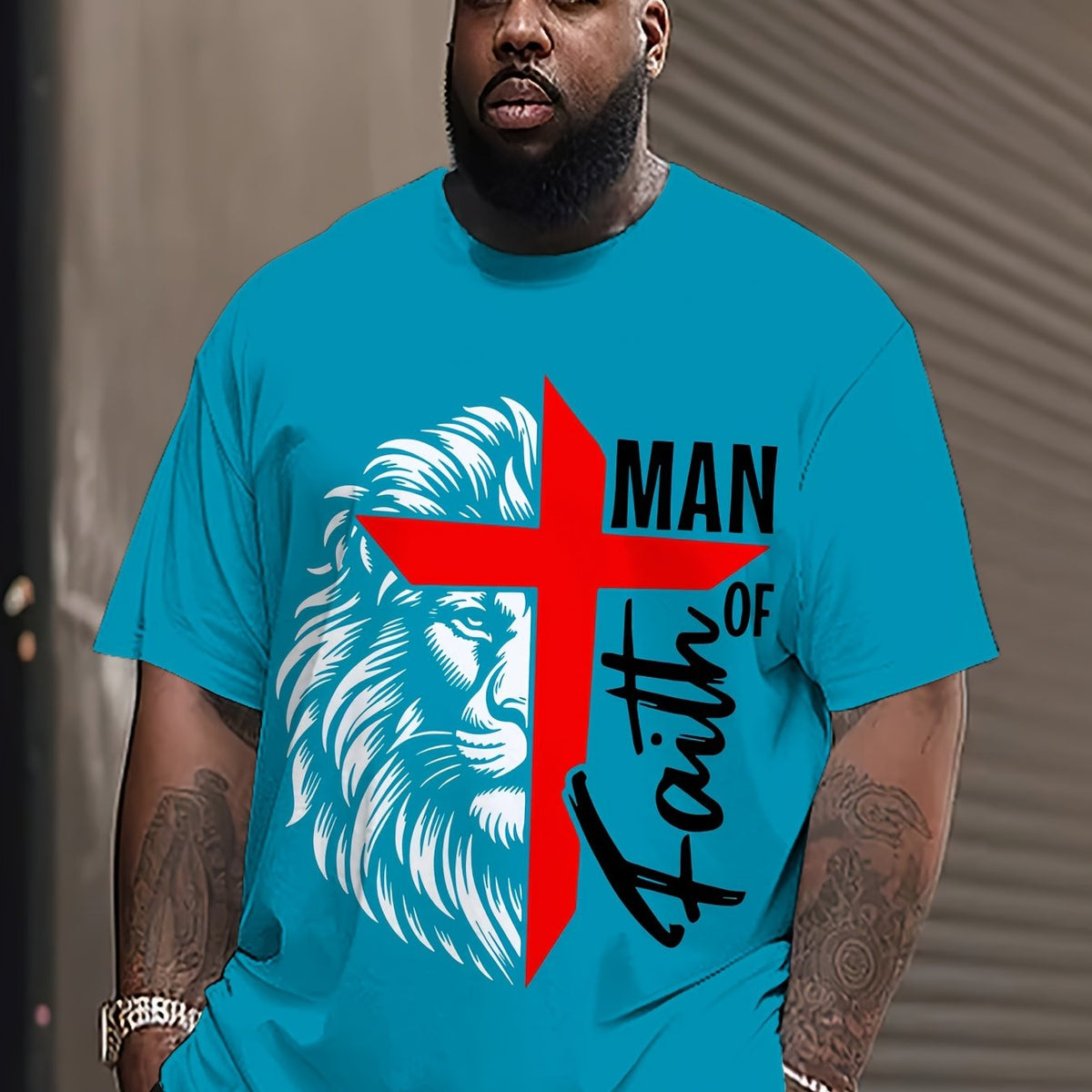 1pc Men'S Plus Size Christian T-Shirt, Faith Man Religious Lion Graphic Tee, Inspirational Religious Apparel, Casual Sports Crew Neck Top, 95% Polyester 5% Spandex Knit Fabric with Slight Stretch