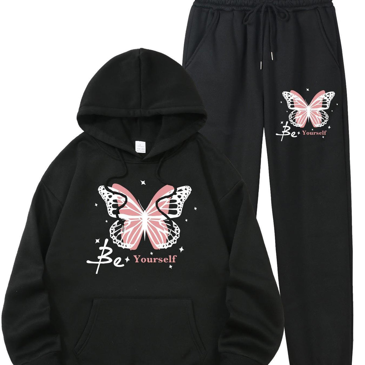 Women Casual Long Sleeve Hoodie with Pocket and Joggers, Butterfly Print Polyester Set
