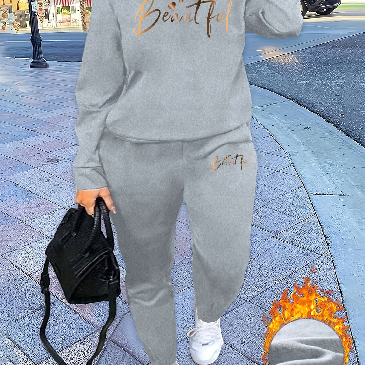 Women Casual Cozy Gray "Beautiful" Letter Print Sweatshirt & Pants Set