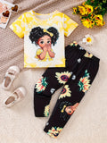 Girls Casual Two-Piece Portrait Print T-Shirt + Sunflower Print Pants Set