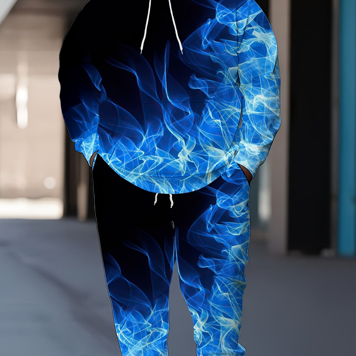 Men Plus Casual Blue Flame Print Large Size Sweatshirt And Pants Two-Piece Set
