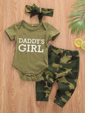 Baby Boys Girls 3pcs Set, Short Sleeve Romper Tops + Camouflage Long Pants + Hat/Headband Outfit, for Outdoor