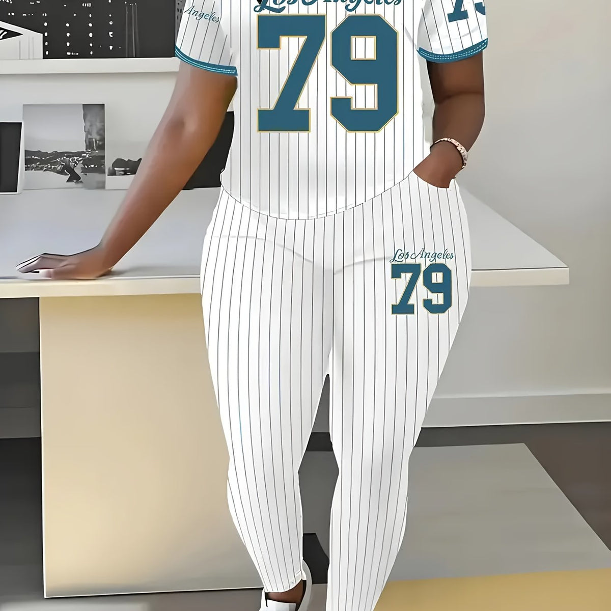 Casual Striped Baseball Element V-Neck Short Sleeve Top with Long Pants Set