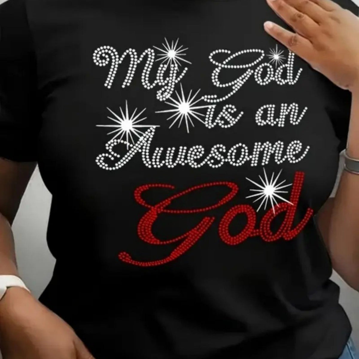Women Breathable & Loose Ladies Cotton T Shirt. Colorful rhinestone print  My God is an Awesome God