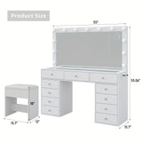 11 Drawers Makeup Vanity With Charging Station, Vanity Desk With 13 LED Bulbs And HD Mirror, 3 Color Brightness Adjustable, Glass Top Vanity Set For Bedroom, White