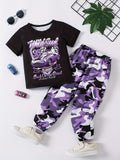 Girl Letter Car Pattern T-shirt + Camouflage Pattern with Flip Pocket Loose Work Pants  Set